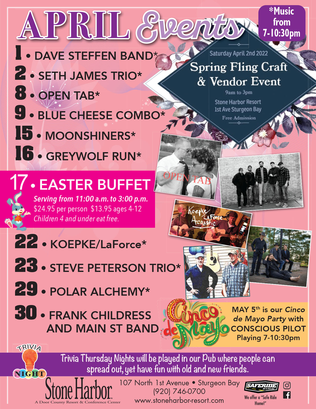 April events at Stone Harbor Resort, things to do in door county, door county entertainment, live bands, live music door county