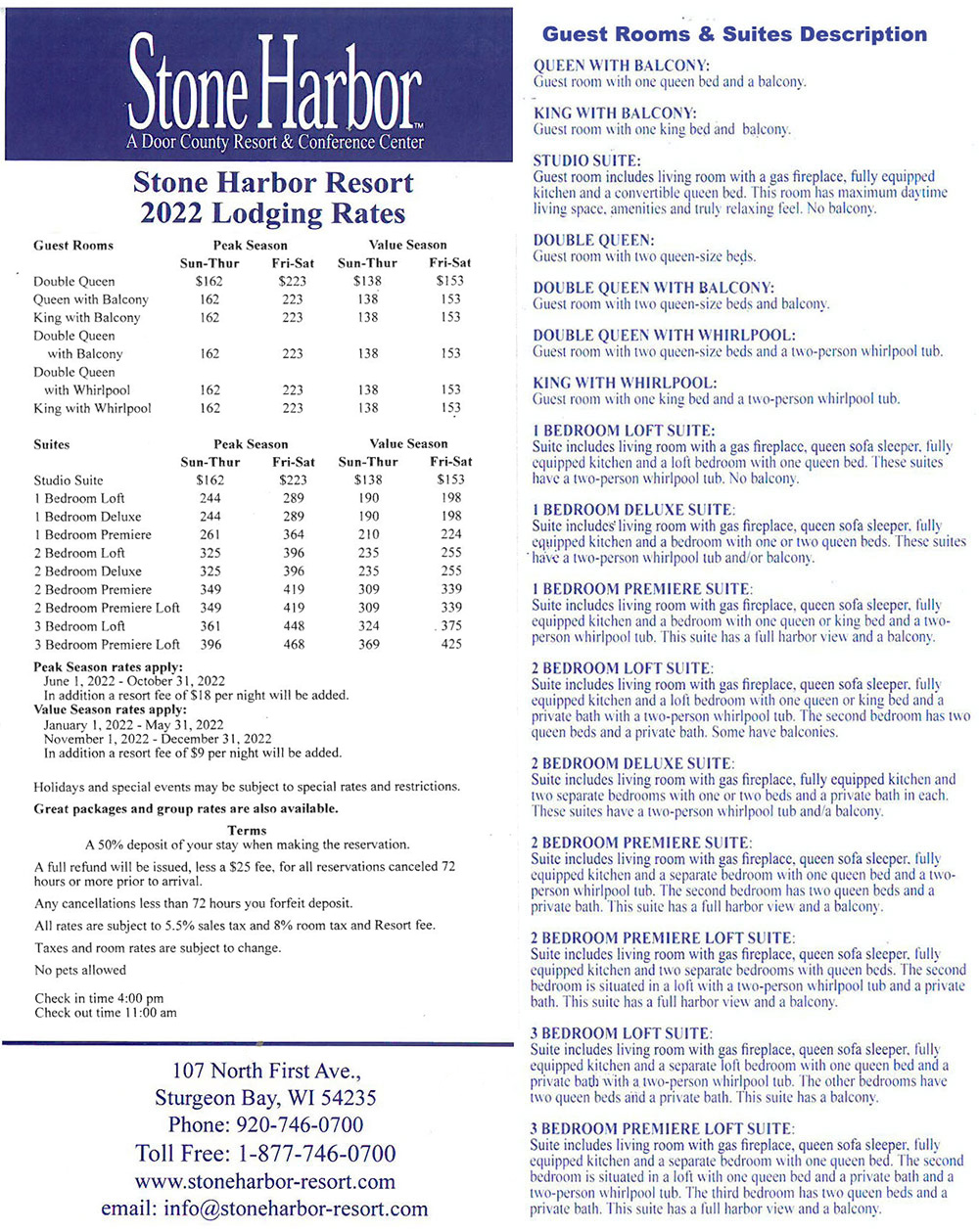 stone harbor room rates, door county lodging, resort rates, lodging rate sheet